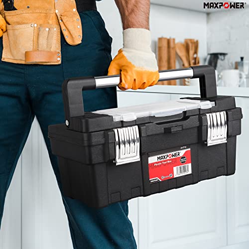 Long Handle Tool Box 16-Inch, MAXPOWER Portable Plastic Toolbox Tool Storage Organiser with Removable Tray, Long Stainless Steel Handle & Double Metal Latch - Rated up to 33 Lbs