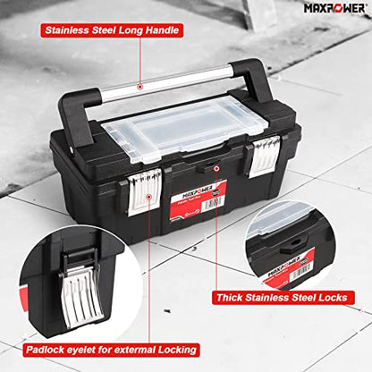 Long Handle Tool Box 16-Inch, MAXPOWER Portable Plastic Toolbox Tool Storage Organiser with Removable Tray, Long Stainless Steel Handle & Double Metal Latch - Rated up to 33 Lbs