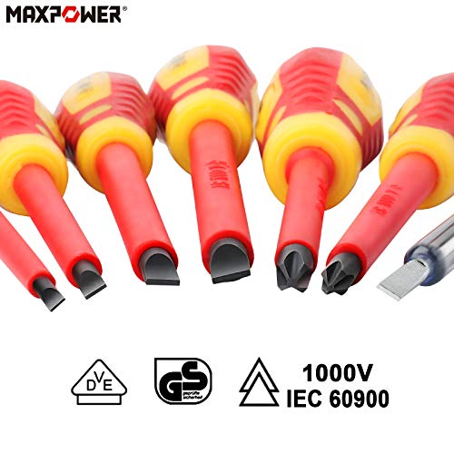 VDE Screwdriver, MAXPOWER VDE Insulated Blade Screwdrivers Set for Electrician with Safety Tester, Magnetic Phillips and Slotted Bits Screwdriver (7 Pieces)