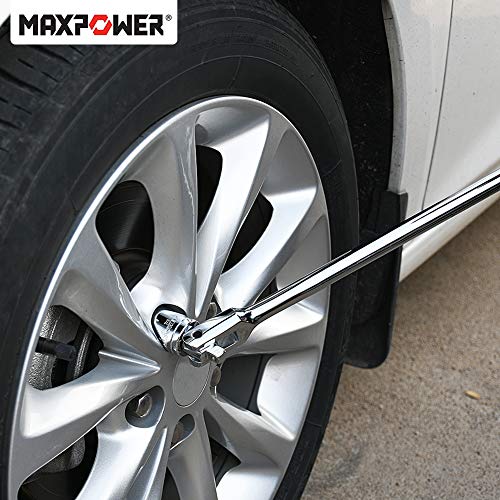 MAXPOWER 2 in 1 Breaker Bar Wheel Nut Spanner Flexible Handle Dual-Drive with 1/2" and 3/8" Nut Sq. Drivers, (24"/600mm)