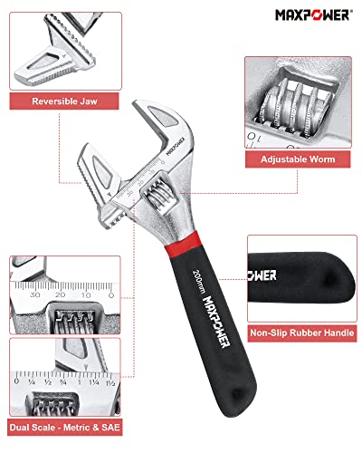 MAXPOWER Adjustable Spanner 200mm, 2-in-1 Adjustable Wrench & Pipe Wrench Switchable with Disassembled & Reversible Jaw