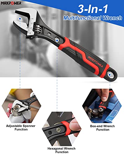 MAXPOWER Adjustable Wrench 200mm, 3-in-1 Small Adjustable Spanner with MAX Opening Capacity 30mm & Soft Rubber Grip Handle