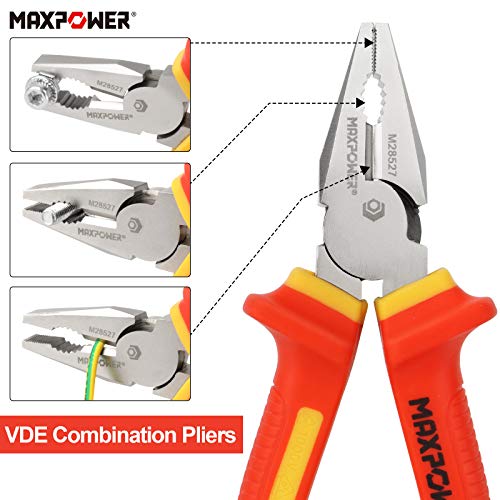 VDE Pliers Set 1000V, MAXPOWER 4PCs Electricians Pliers Set Included Insulated Combination Pliers, Diagonal Cutting Pliers, Long Nose Pliers Pliers and Insulated Wire Stripper