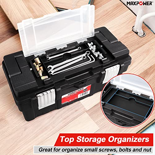 Long Handle Tool Box 16-Inch, MAXPOWER Portable Plastic Toolbox Tool Storage Organiser with Removable Tray, Long Stainless Steel Handle & Double Metal Latch - Rated up to 33 Lbs