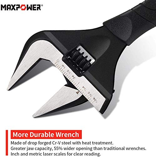 MAXPOWER Adjustable Wrench, Pack of 2 Stubby Deep Jaw Adjustable Wrench Set Wide Opening Plumbing Spanner Adjustable Spanner Set, 150mm/6 and 250mm/10 in a Kitbag