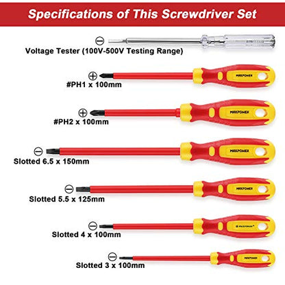 VDE Screwdriver, MAXPOWER VDE Insulated Blade Screwdrivers Set for Electrician with Safety Tester, Magnetic Phillips and Slotted Bits Screwdriver (7 Pieces)