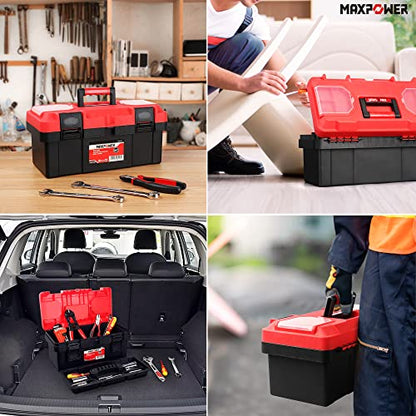 MAXPOWER 16-inch Toolbox, Plastic Tool Box Tool Chest Storage Case Organizer with Removable Tray and Dual Latch