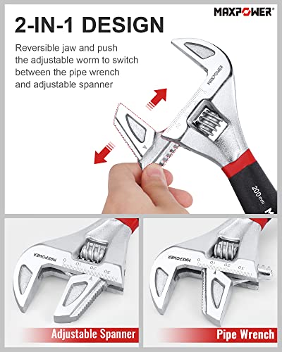 MAXPOWER Adjustable Spanner 200mm, 2-in-1 Adjustable Wrench & Pipe Wrench Switchable with Disassembled & Reversible Jaw