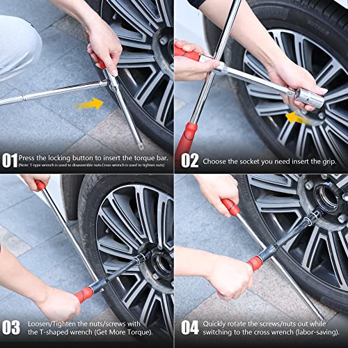 MAXPOWER Car Wheel Brace Wrench, Detachable Lug Wrench Rapid Cross Wheel Brace Wrench with 1/2-Inch Drive - 2PCs Sockets Size (17mm/19mm & 21mm/23mm)