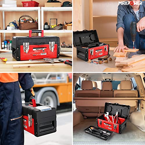 Metal Tool Box 14 inch, MAXPOWER Small Tool Box Hand Tools Storage Box with Removable Tray, Handle and Plastic Lid