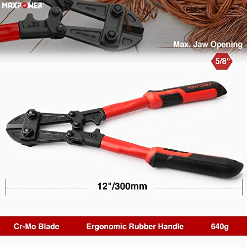 Bolt Cutter 300mm, MAXPOWER Small Mini Cr-Mo Bolt Croppers Wire Cable Cutter for Wire, Cable, Chain or Spring- MAX. Opening Capacity 15mm