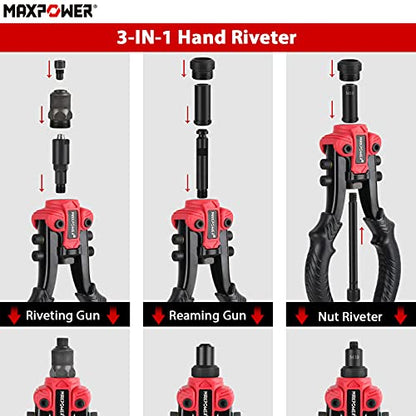 Rivet Gun Kit, MAXPOWER 3-in-1 Heavy Duty Hand Riveter Nut Rivet Gun Kit with 6 Metric Mandrels(M3 M4 M5 M6 M8 M10),2 Reaming Mandrels, Multifunctional Wrench and Plastic Carry Case