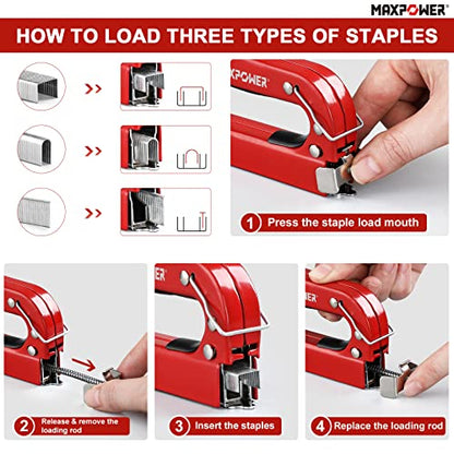 Staple Gun with 3000 Staples, MAXPOWER 3-in-1 Manual Nail Gun Hand Tacker Steel Stapler for Upholstery, Fixing Material, Decoration, Carpentry, Furniture