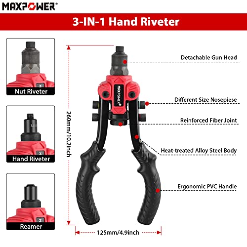 Rivet Gun Kit, MAXPOWER 3-in-1 Heavy Duty Hand Riveter Nut Rivet Gun Kit with 6 Metric Mandrels(M3 M4 M5 M6 M8 M10),2 Reaming Mandrels, Multifunctional Wrench and Plastic Carry Case