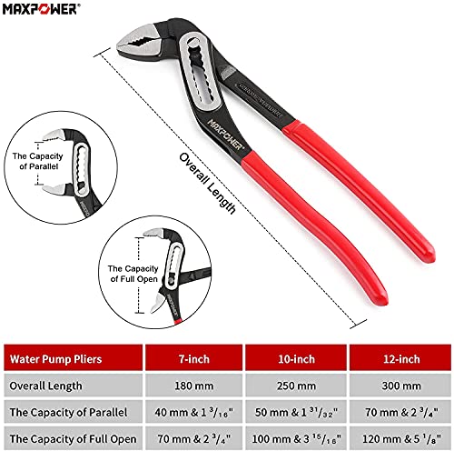 MAXPOWER Water Pump Pliers Set, 3PCs Adjustable Plumbing Grips Spanner Slip Joint Pliers Tongue and Groove Pliers Set with Super Wide Open Jaw, 180mm/7", 250mm/10" and 300mm/12"