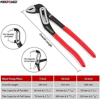 MAXPOWER Water Pump Pliers Set, 3PCs Adjustable Plumbing Grips Spanner Slip Joint Pliers Tongue and Groove Pliers Set with Super Wide Open Jaw, 180mm/7", 250mm/10" and 300mm/12"