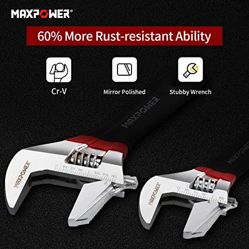 MAXPOWER Adjustable Spanner Set, 2-in-1 Adjustable Wrench Set, Plumbing Wrench Pipe Wrench with Reversible Wide Opening Jaw (6"/150mm and 8"/200mm)