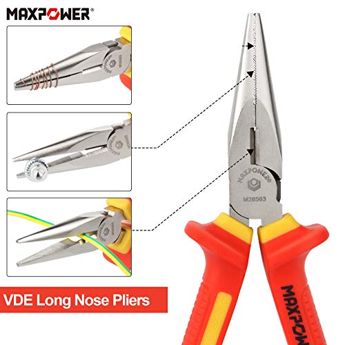 VDE Pliers Set 1000V, MAXPOWER 4PCs Electricians Pliers Set Included Insulated Combination Pliers, Diagonal Cutting Pliers, Long Nose Pliers Pliers and Insulated Wire Stripper