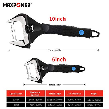 MAXPOWER Adjustable Wrench, Pack of 2 Stubby Deep Jaw Adjustable Wrench Set Wide Opening Plumbing Spanner Adjustable Spanner Set, 150mm/6 and 250mm/10 in a Kitbag