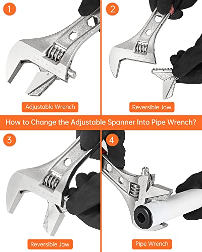 MAXPOWER Adjustable Spanner Set, 4PCs Adjustable Wrench Set Multifunctional Pipe Wrench with Reversible Wide Opening Jaw (6"/150mm, 8"/200mm, 10"/250mm and 12"/300mm)