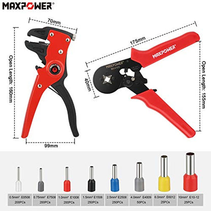 Crimping & Stripping Tool Kit, MAXPOWER Crimping Pliers 0.25-10mm²/AWG23-7 and Wire Stripper 10-20AWG/0.5-6mm² / Wire Cutter with 1200 Wire Terminal Crimp Connectors and Wire End Ferrules