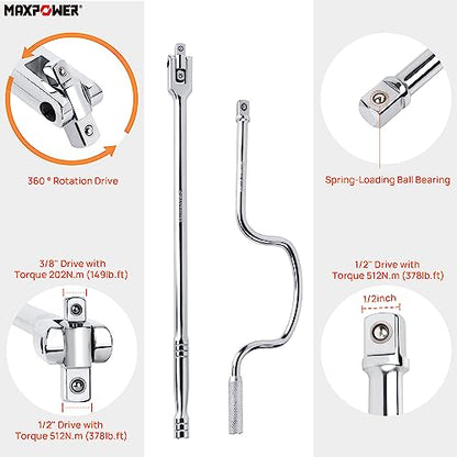 MAXPOWER Car Wheel Wrench Set, 450mm Breaker Bar with 1/2" and 3/8" Dual Drive, 1/2 Inch Drive Speeder Handle Wrench, 1/2" to 3/8" Adapter