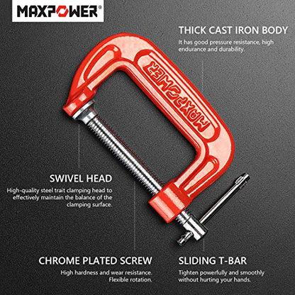 G Clamps Set, MAXPOWER Pack of 12 Cast Iron C Clamps Set with MAX. Clamping Capacity 50mm (2") for Assembly, Fastening, Gluing & Welding