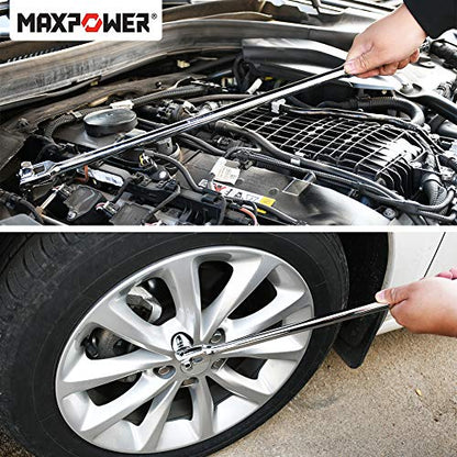 MAXPOWER 2 in 1 Breaker Bar Wheel Nut Spanner Flexible Handle Dual-Drive with 1/2" and 3/8" Nut Sq. Drivers, (24"/600mm)