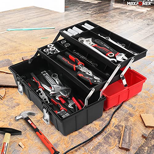 Tool Box 17-Inch, MAXPOWER Lightweight Cantilever Tool Box Organiser Plastic Storage Folding Toolbox with Three-Layer Cantilever Tray and Dividers